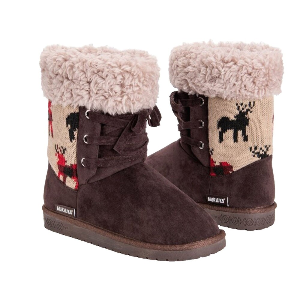 Muk Luks Lodge Boots Womens 8 Reindeer Knit Sherpa Cuff Cozy Cabin Slipper Shoes